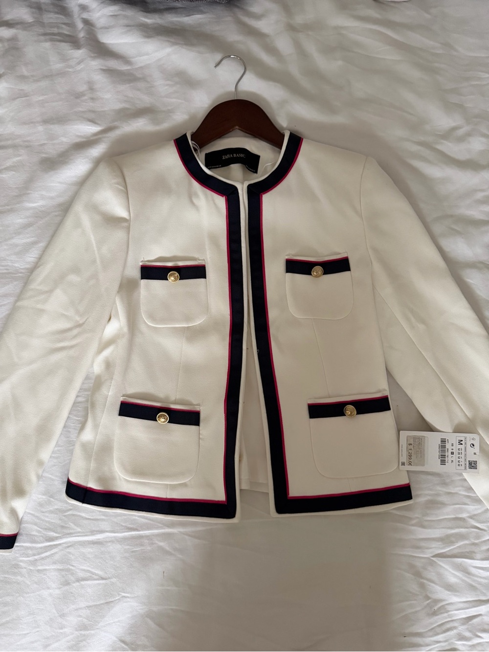 Zara Basic White Collarless Jacket with Navy & Pink Trim